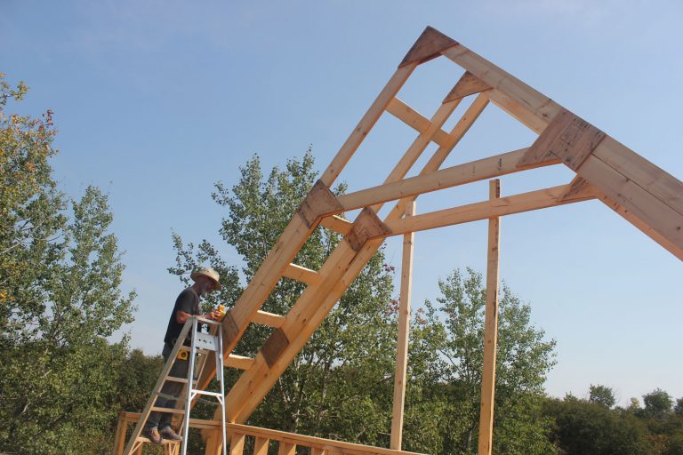 Installing Roof Trusses by Hand Nine Bean Rows trusses up at cabin.